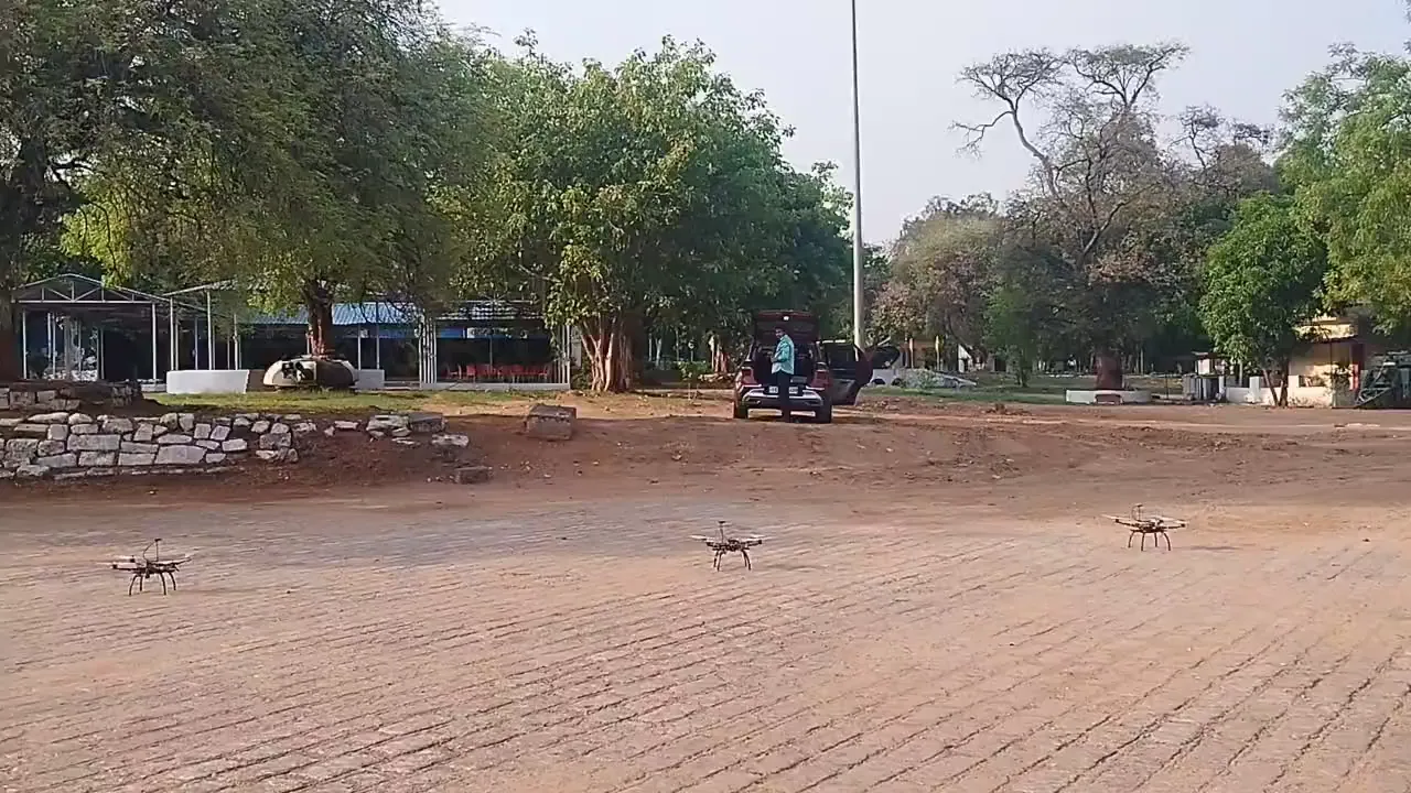 Swarm drones taking off together from a parade ground